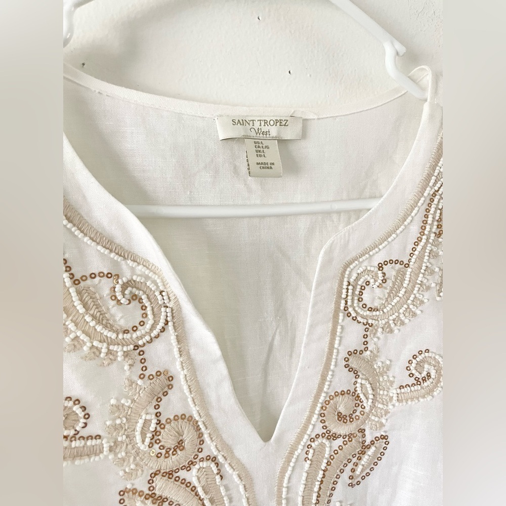 Saint Tropez 100% Linen Shirt Womens Size L Beach Resort Coastal Embroidered - Picture 6 of 7